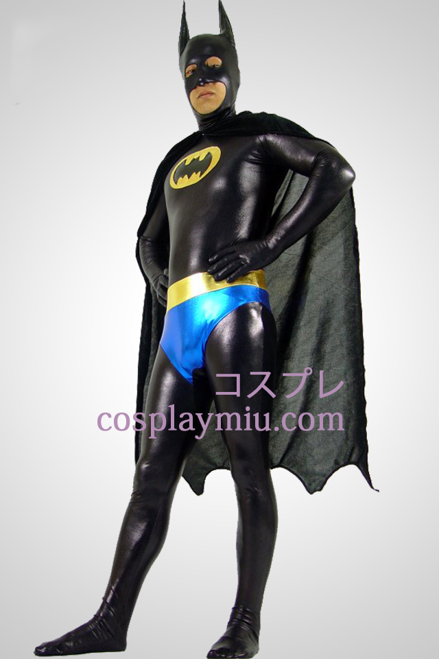 Shiny Metallic Black Batman Zentai-Anzug mit schwarzem Cape