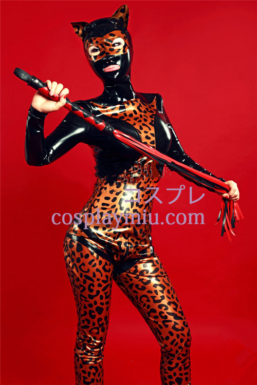 Schwarz-Leopard Latex Catsuit mit offenen Augen und Mund