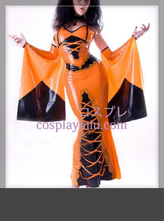Schwarze und orange mit langen Ärmeln Weiblich Latex einteiliges Kleid