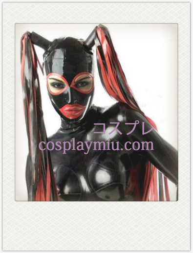 Shiny Black Female Doppel Tailed Latexmaske mit offenen Augen und Mund