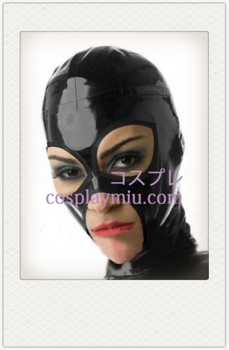 Shiny Black Female Latex Maske mit offenen Augen und Mund